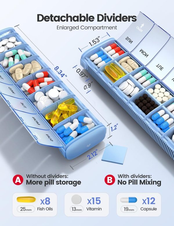 Vaydeer 7 Day Weekly Pill Organizer (Support 2 Times a Day), Metal Travel Pill Case, Large Capacity Daily Cute Pill Box for Supplements, Pills, Vitamins and Medication (Sliver) - Image 3