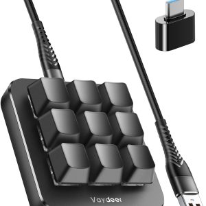Vaydeer One-Handed Mechanical Keyboard Support NKRO, Hotkeys, One-Click Start,9 Fully Programmable Keys with Floating Window and Macro Multifunctional Keypad for iOS,Windows, Gift Idea for Him/Her