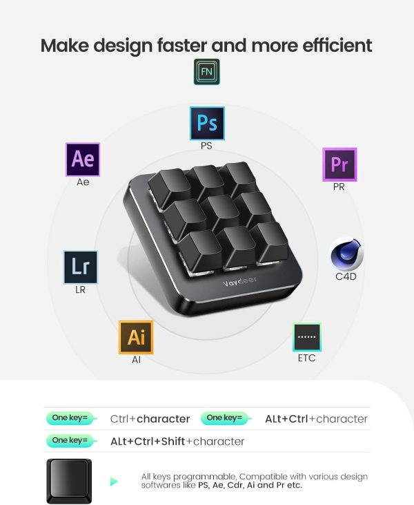 Vaydeer One-Handed Mechanical Keyboard Support NKRO, Hotkeys, One-Click Start,9 Fully Programmable Keys with Floating Window and Macro Multifunctional Keypad for iOS,Windows, Gift Idea for Him/Her - Image 7