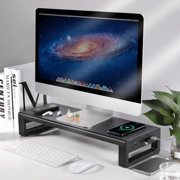 Vaydeer Wireless Charging and USB 3.0 Monitor Stand, Monitor Riser for Desk with Storage, Single Shelf Holder Raiser Organizer for Computer iMac Laptop PC Screen, Heavy Duty Gift Gaming Studio Office - Image 5