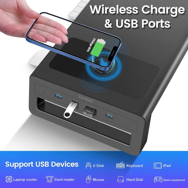 Vaydeer Wireless Charging and USB 3.0 Monitor Stand, Monitor Riser for Desk with Storage, Single Shelf Holder Raiser Organizer for Computer iMac Laptop PC Screen, Heavy Duty Gift Gaming Studio Office - Image 10